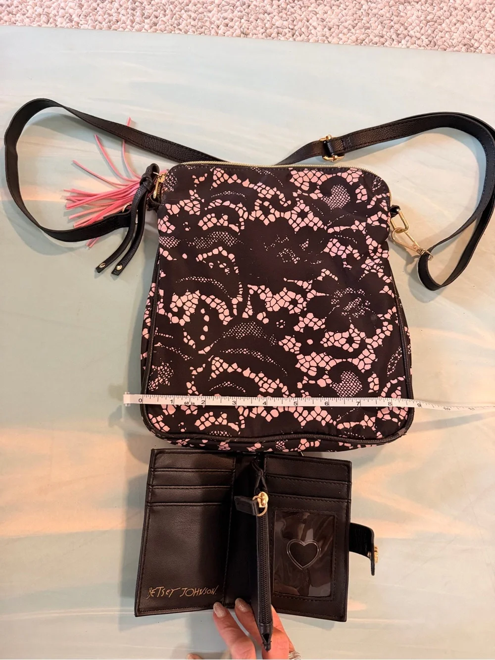 Betsey Johnson Crossbody Bag in Black and Pink Lace Print - Betsey Wallet - Picture 2 of 4